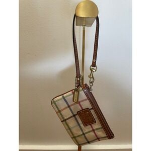 Coach Tattersall Plaid Canvas Wristlet Brown Leather Trim Multi Color Logo Bag